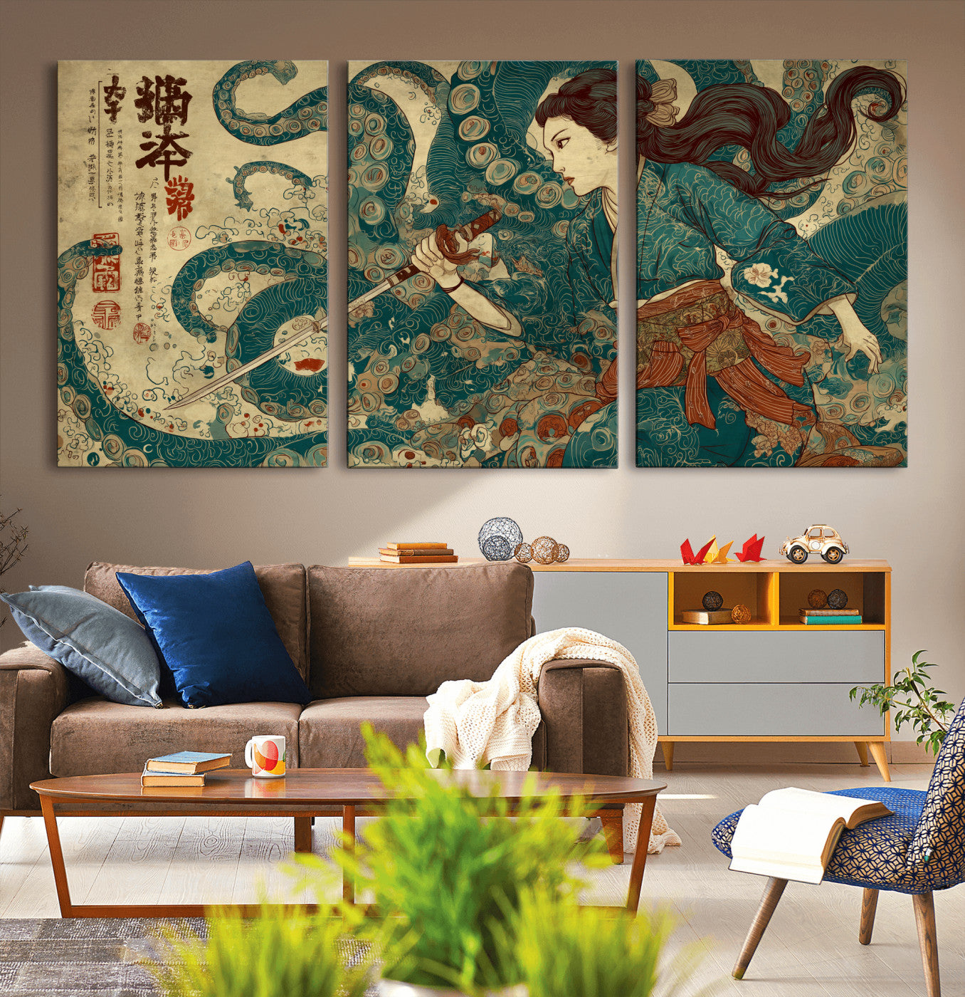 Tsukioka Yoshitoshi Samurai Wall Art Print, Japanese Katana Warrior Canvas Wall Art, Octopus Sea Monster Canvas Print,
