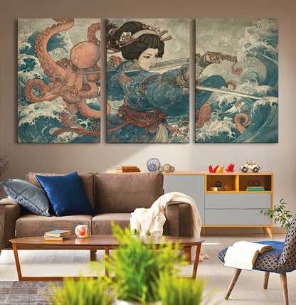 Tsukioka Yoshitoshi Samurai Wall Art Print, Japanese Katana Warrior Canvas Wall Art, Octopus Sea Monster Canvas Print,