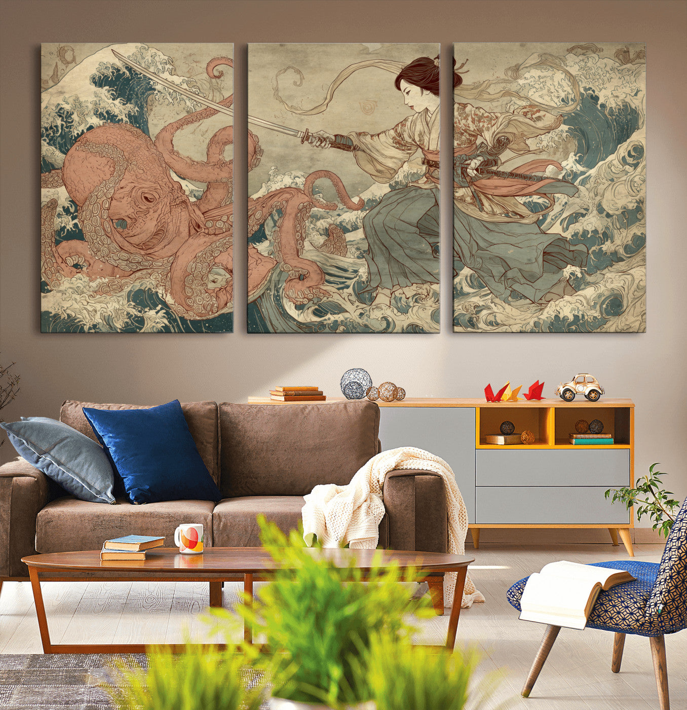 Tsukioka Yoshitoshi Samurai Wall Art Print, Japanese Katana Warrior Canvas Wall Art, Octopus Sea Monster Canvas Print,