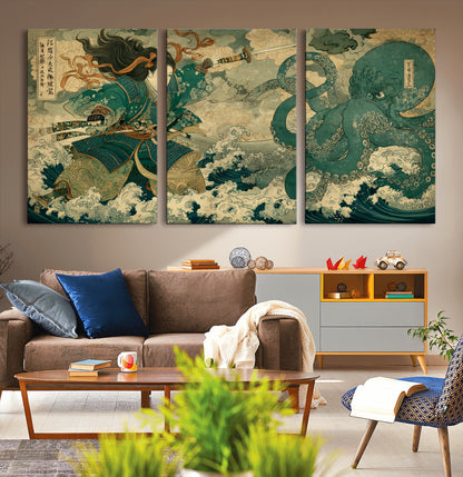 Tsukioka Yoshitoshi Samurai Wall Art Print, Japanese Katana Warrior Canvas Wall Art, Octopus Sea Monster Canvas Print,
