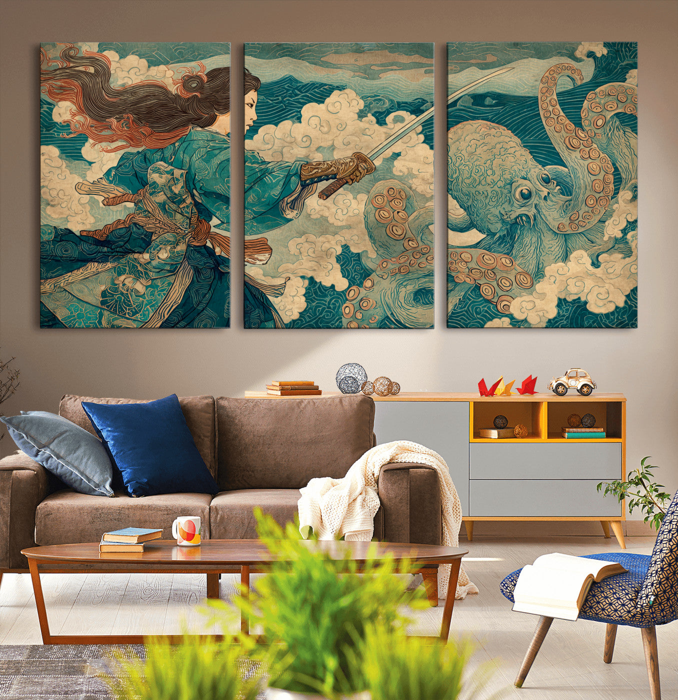 Tsukioka Yoshitoshi Samurai Wall Art Print, Japanese Katana Warrior Canvas Wall Art, Octopus Sea Monster Canvas Print,