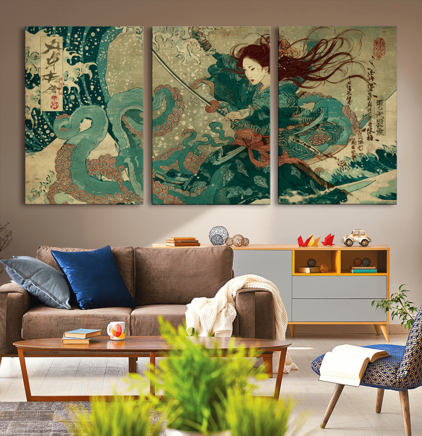 Tsukioka Yoshitoshi Samurai Wall Art Print, Japanese Katana Warrior Canvas Wall Art, Octopus Sea Monster Canvas Print,