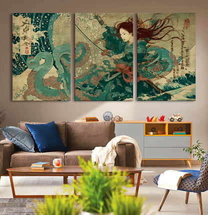 Tsukioka Yoshitoshi Samurai Wall Art Print, Japanese Katana Warrior Canvas Wall Art, Octopus Sea Monster Canvas Print,