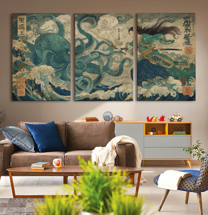 Tsukioka Yoshitoshi Samurai Wall Art Print, Japanese Katana Warrior Canvas Wall Art, Octopus Sea Monster Canvas Print,