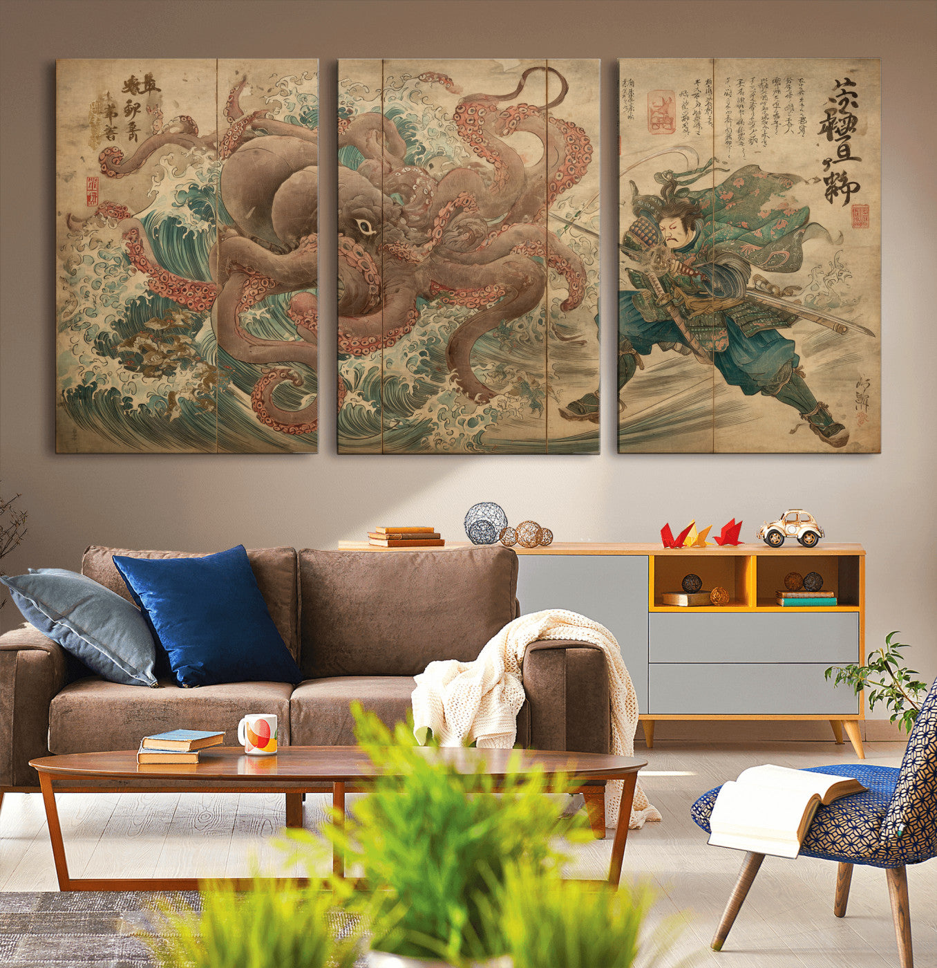 Tsukioka Yoshitoshi Samurai Wall Art Print, Japanese Katana Warrior Canvas Wall Art, Octopus Sea Monster Canvas Print,