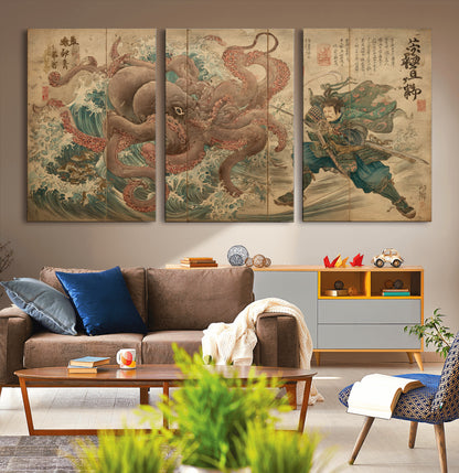 Tsukioka Yoshitoshi Samurai Wall Art Print, Japanese Katana Warrior Canvas Wall Art, Octopus Sea Monster Canvas Print,