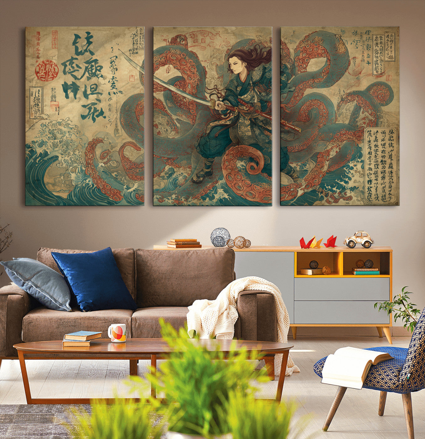 Tsukioka Yoshitoshi Samurai Wall Art Print, Japanese Katana Warrior Canvas Wall Art, Octopus Sea Monster Canvas Print,