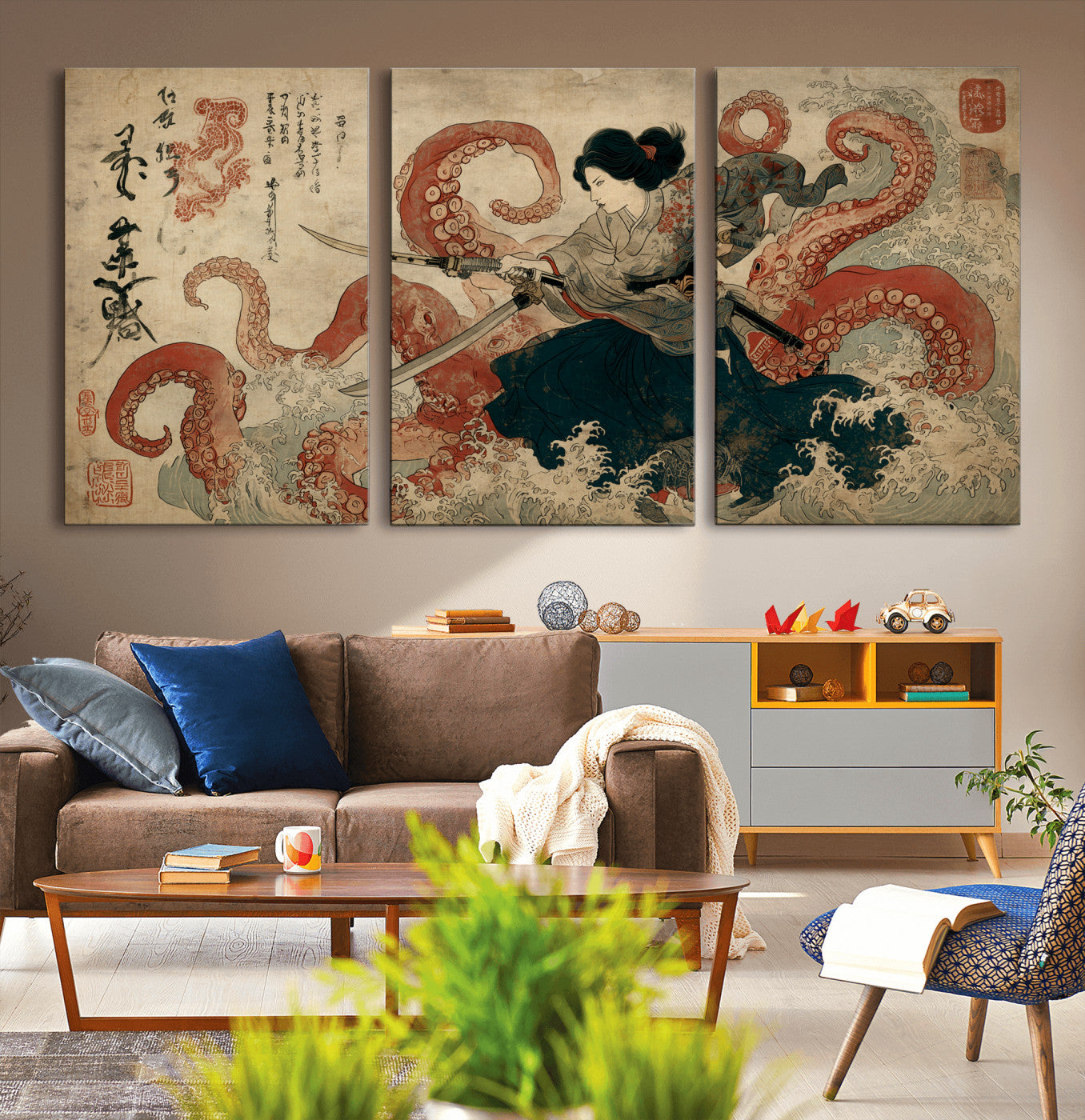 Tsukioka Yoshitoshi Samurai Wall Art Print, Japanese Katana Warrior Canvas Wall Art, Octopus Sea Monster Canvas Print,