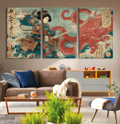 Tsukioka Yoshitoshi Samurai Wall Art Print, Japanese Katana Warrior Canvas Wall Art, Octopus Sea Monster Canvas Print,