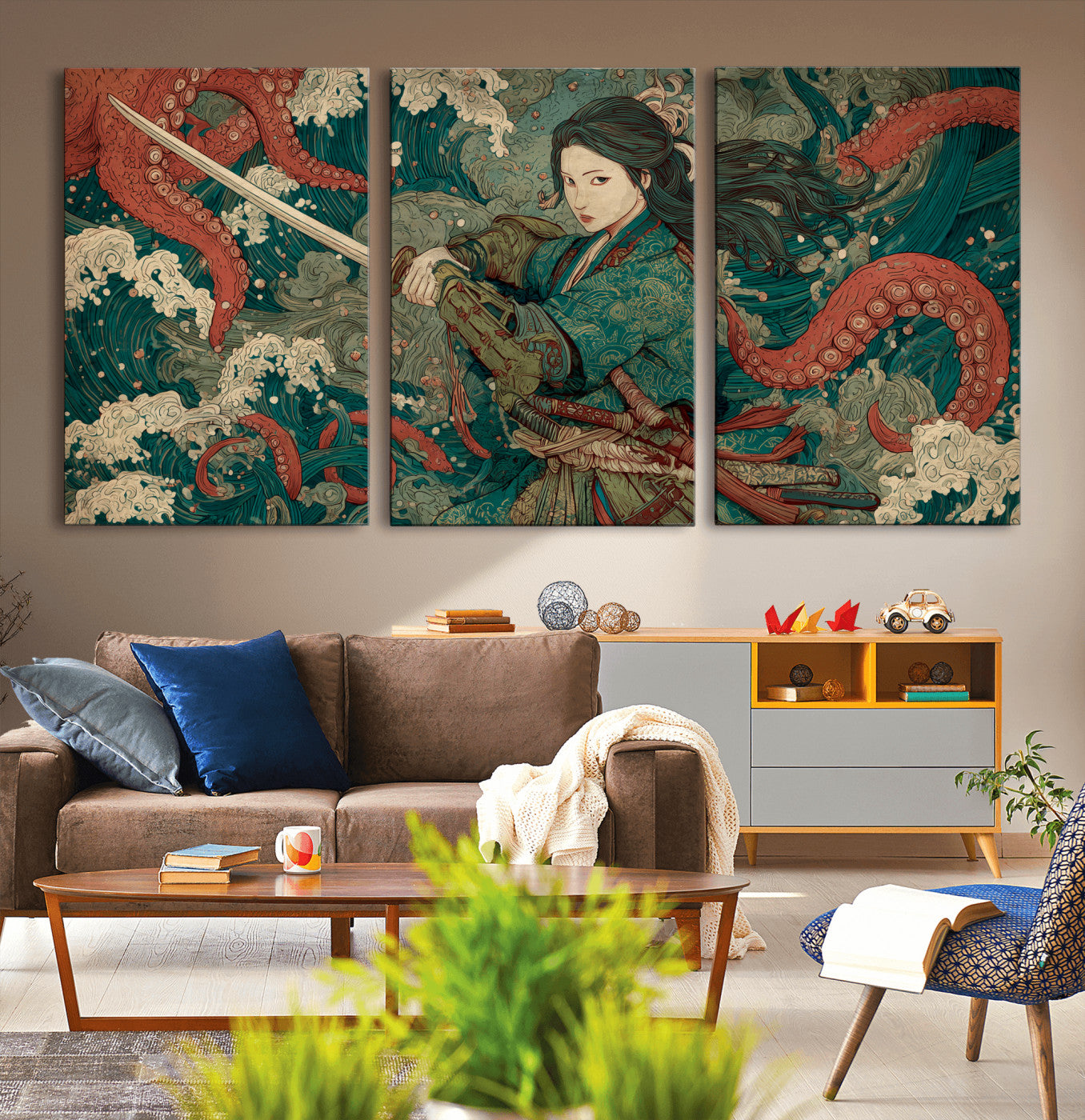 Tsukioka Yoshitoshi Samurai Wall Art Print, Japanese Katana Warrior Canvas Wall Art, Octopus Sea Monster Canvas Print,