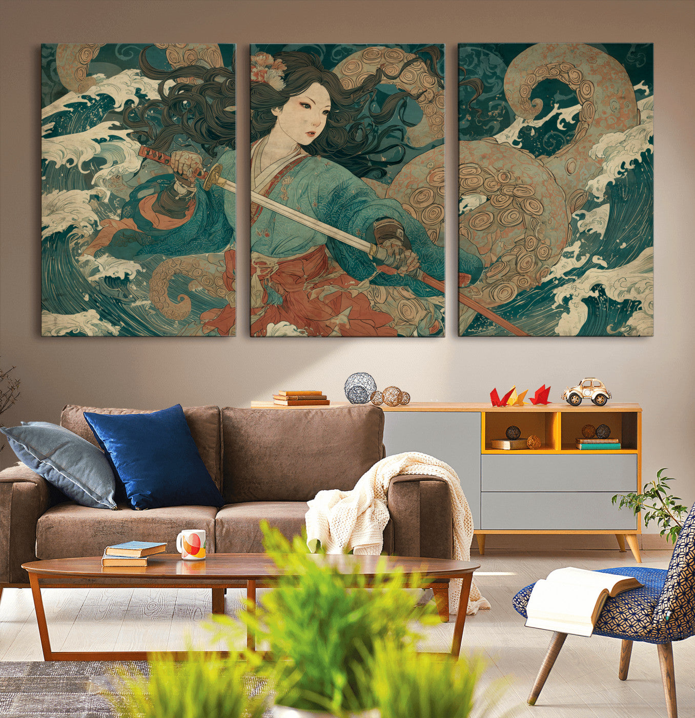 Tsukioka Yoshitoshi Samurai Wall Art Print, Japanese Katana Warrior Canvas Wall Art, Octopus Sea Monster Canvas Print,