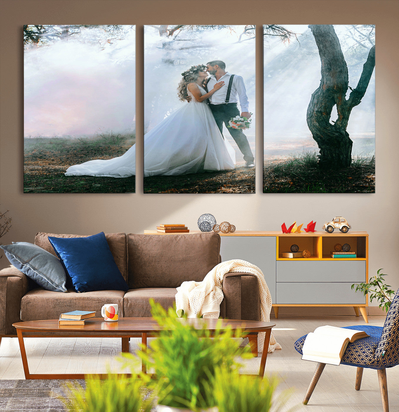 MGV-CV-60X30-3P - Forest Wedding Wall Art – Romantic Bride and Groom Canvas Print, Enchanted Woodland Photography Decor for Bedroom, Living Room, or Wedding Gift