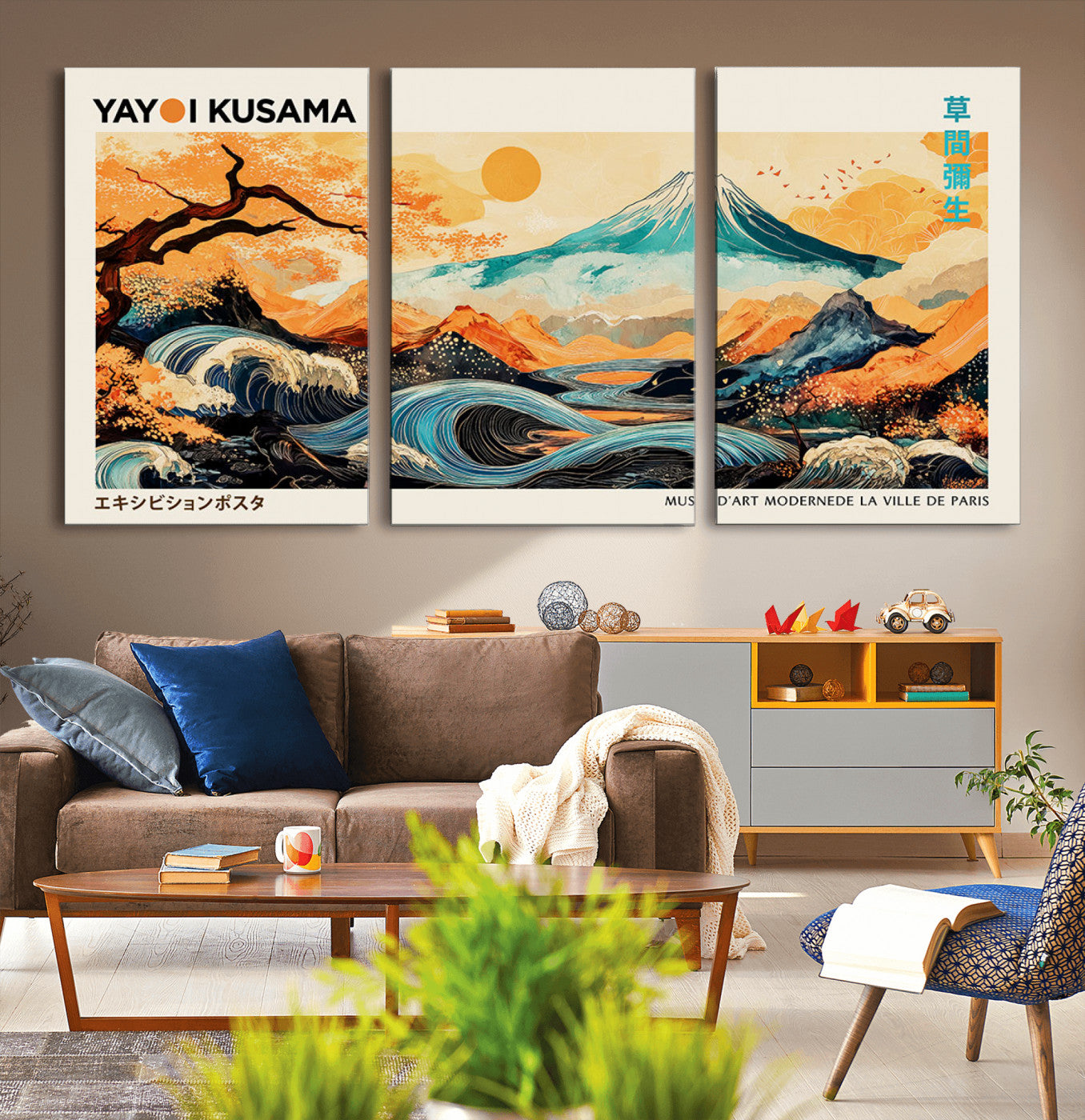 Modern Japanese-style art print featuring a stylized Mount Fuji, flowing waves, and vibrant landscapes in bold colors, inspired by traditional and contemporary aesthetics.