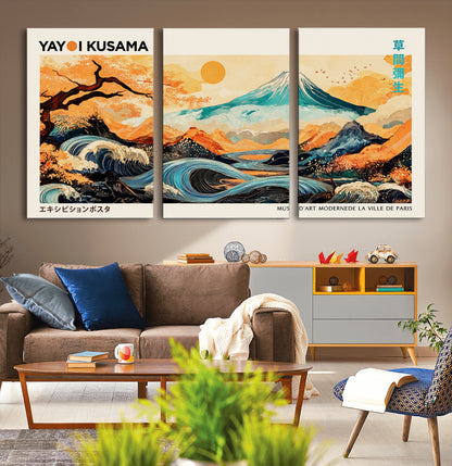 Modern Japanese-style art print featuring a stylized Mount Fuji, flowing waves, and vibrant landscapes in bold colors, inspired by traditional and contemporary aesthetics.