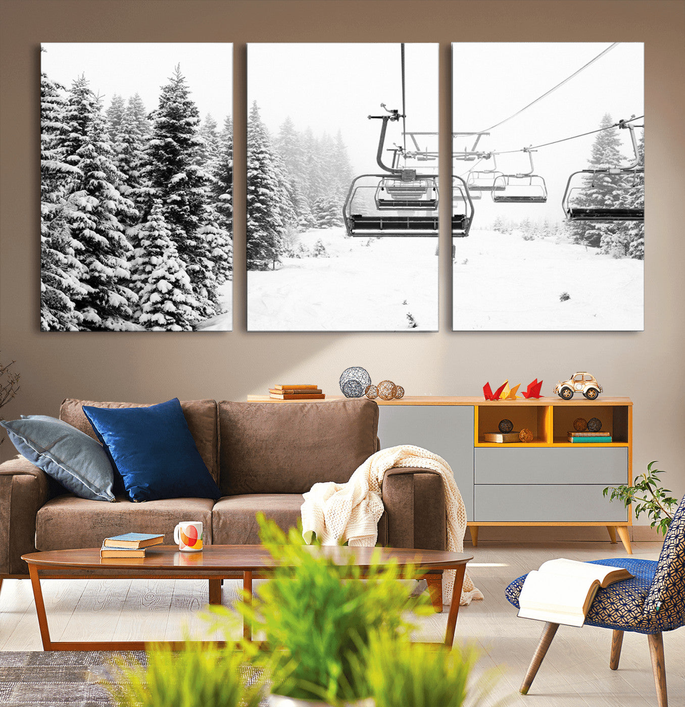 Black and white canvas of empty ski lifts over a snowy pine forest, perfect for minimal winter or ski lodge-inspired decor.