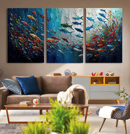 Colorful painting of fish swimming in abstract ocean swirls, perfect for vibrant marine-themed or expressive coastal home decor.