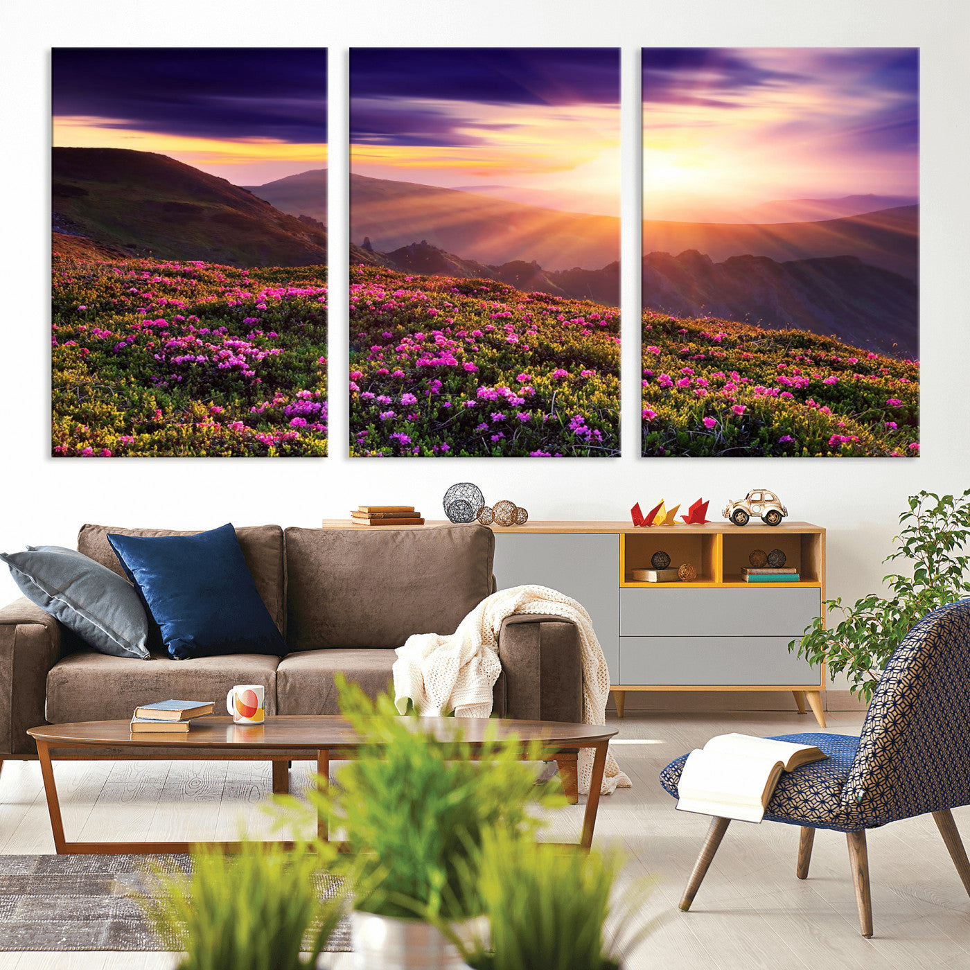 -Mountain Sunrise Wall Art – Vibrant Floral Landscape Canvas Print, Nature Home Decor for Living Room, Bedroom Office or Cabin