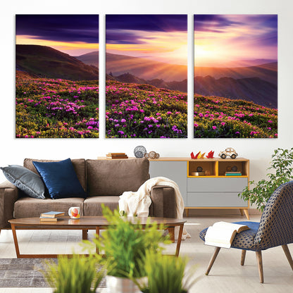 -Mountain Sunrise Wall Art – Vibrant Floral Landscape Canvas Print, Nature Home Decor for Living Room, Bedroom Office or Cabin