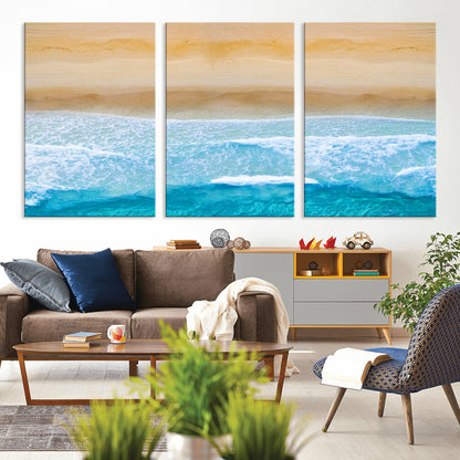-Aerial Beach Wall Art – Serene Ocean Waves & Sandy Shore Canvas Print, Coastal Home Decor for Living Room, Bedroom or Office