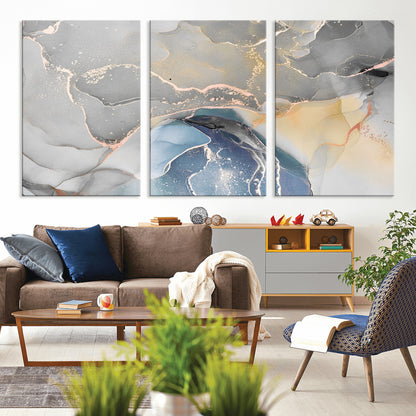 -Abstract Fluid Art Wall Decor – Blue, Gray & Gold Canvas Print, Modern Home and Office Wall Art Decor for Living Room, Bedroom or Workspace
