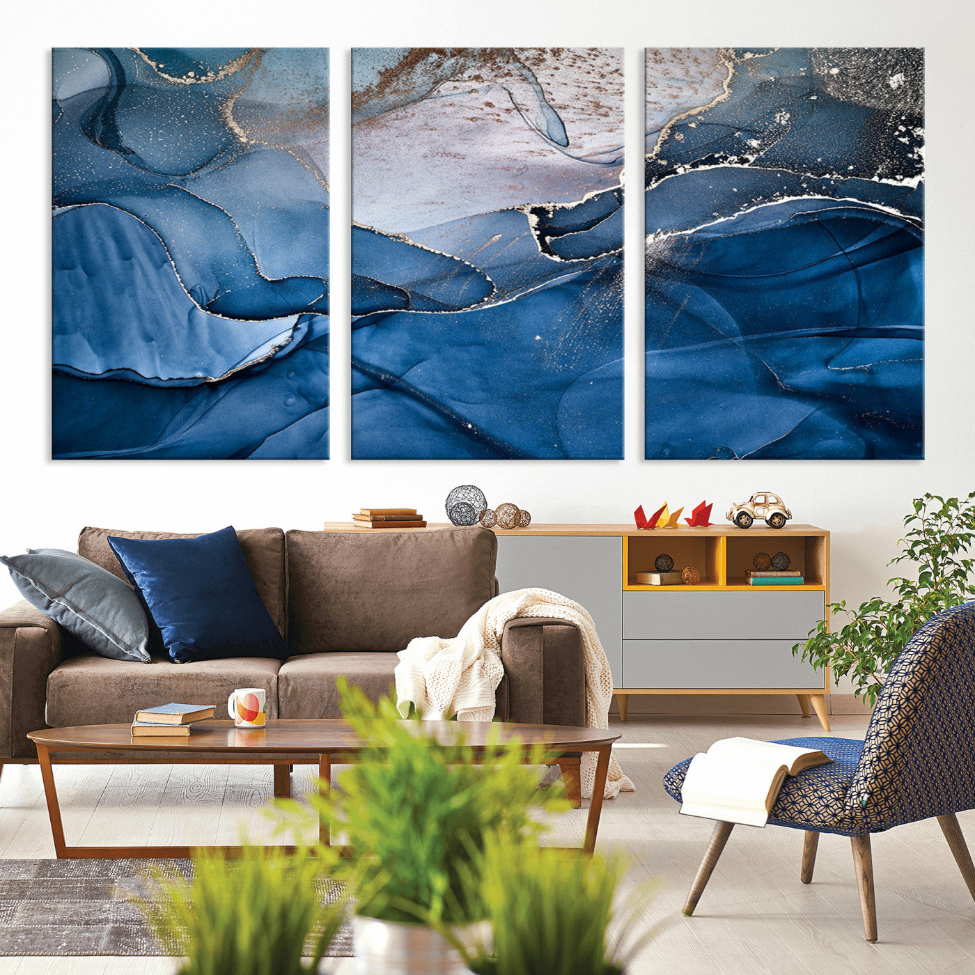 -Abstract Blue Gold Fluid Art Wall Decor – Modern Canvas Print, Elegant Home & Office Wall Art, Stylish Living Room or Bedroom Decoration