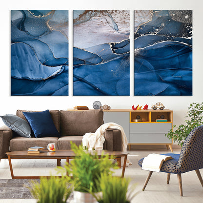 -Abstract Blue Gold Fluid Art Wall Decor – Modern Canvas Print, Elegant Home & Office Wall Art, Stylish Living Room or Bedroom Decoration