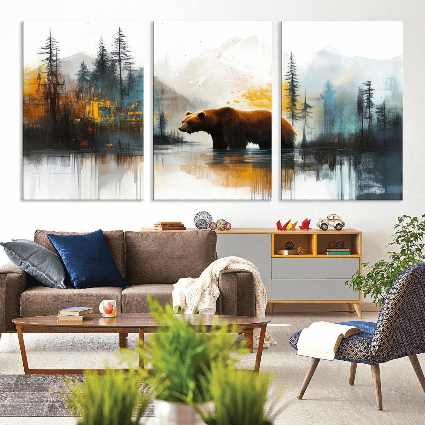 A majestic bear stands by the serene waters of a misty forest, surrounded by towering trees and distant mountains, evoking the raw beauty and wild spirit of nature.
