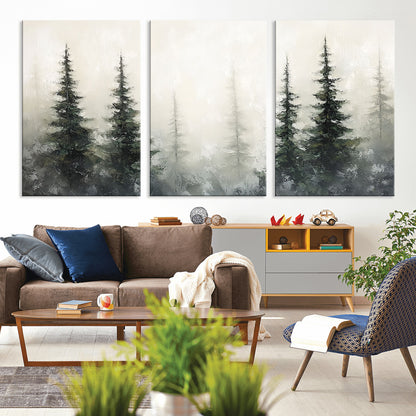 Soft and misty pine forest painting in neutral earthy tones, ideal for calm woodland or minimalist rustic home decor.