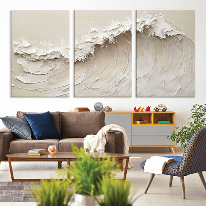 Textured canvas of an abstract white ocean wave in neutral tones, ideal for modern coastal or minimalist home decor.