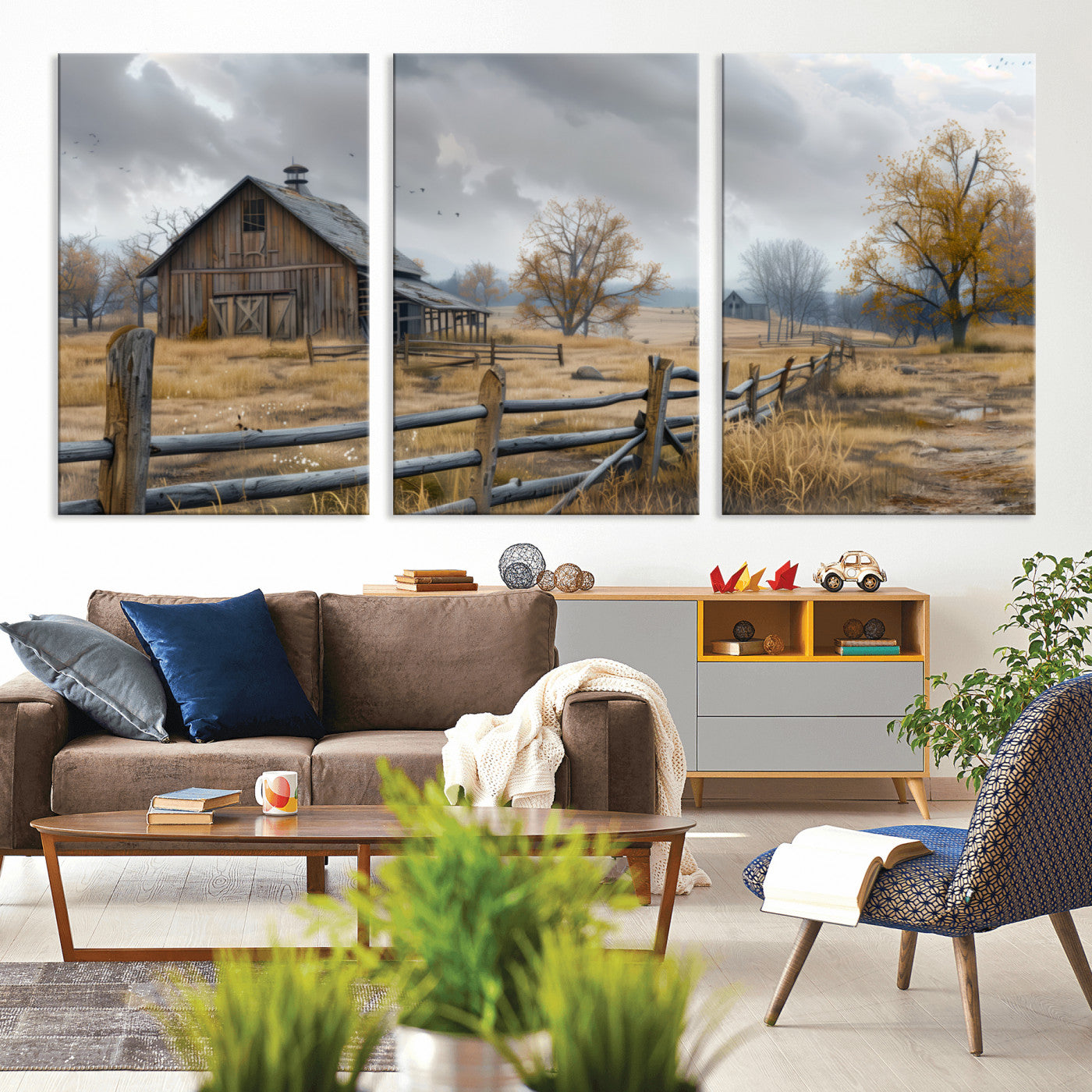 A tranquil rural scene featuring a rustic barn, overcast skies, and golden fields with scattered trees, evoking a sense of peaceful solitude in nature.