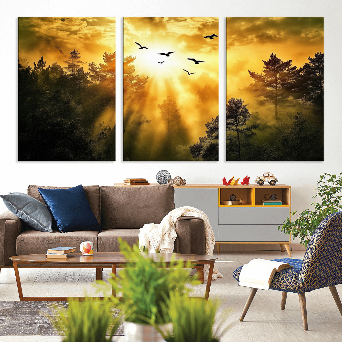 Canvas of a golden forest at sunset with birds flying through glowing sunbeams and silhouetted pine trees, ideal for warm-toned rustic decor.