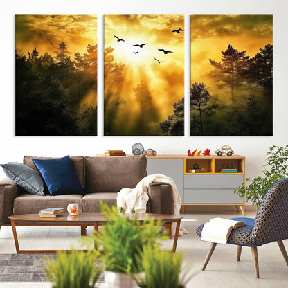Canvas of a golden forest at sunset with birds flying through glowing sunbeams and silhouetted pine trees, ideal for warm-toned rustic decor.