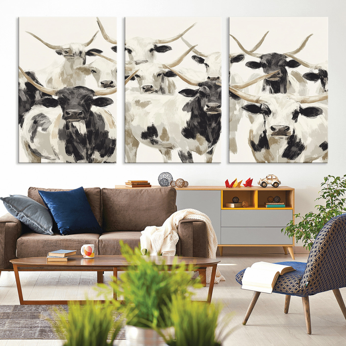 Canvas of a Texas Longhorn cattle herd in neutral black and white tones, ideal for rustic farmhouse or western-themed decor.