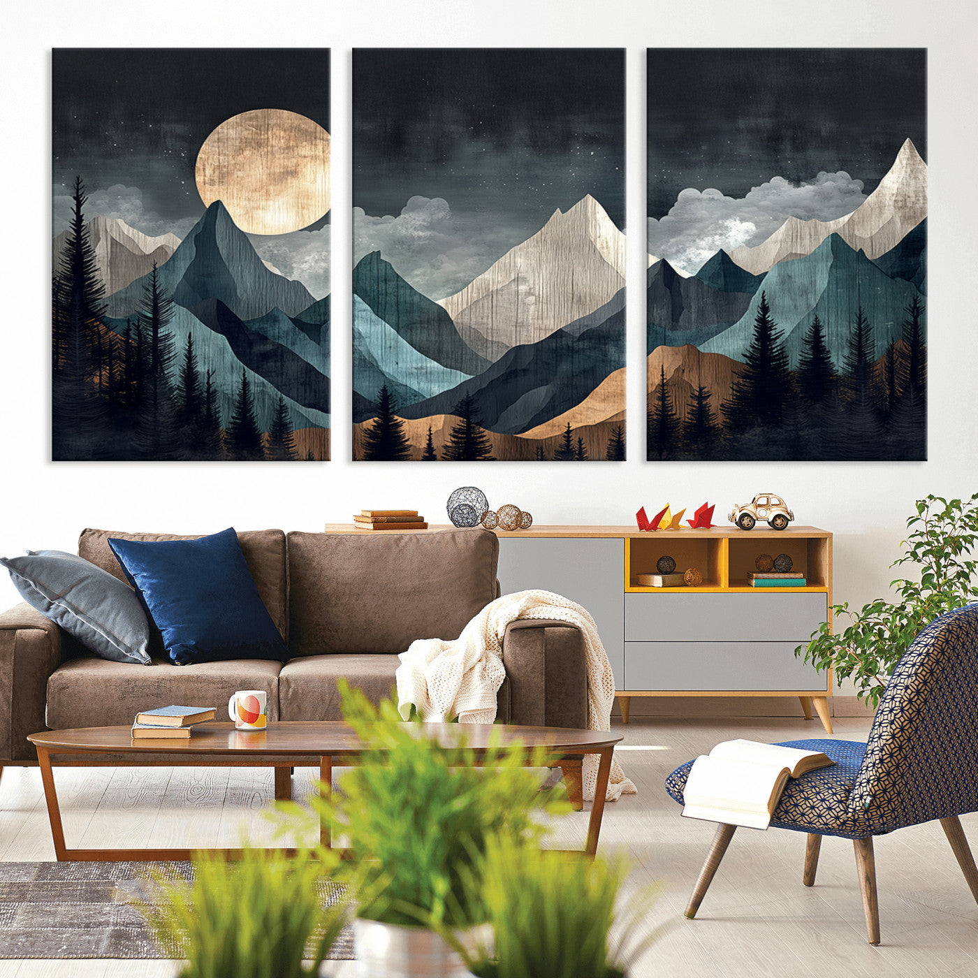 Stylized canvas of layered mountains under a full moon in neutral moody tones, ideal for nature-inspired or modern rustic interiors.