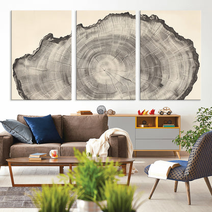 Detailed tree ring drawing in monochrome tones, ideal for rustic or nature-inspired interiors with a minimal decor aesthetic.