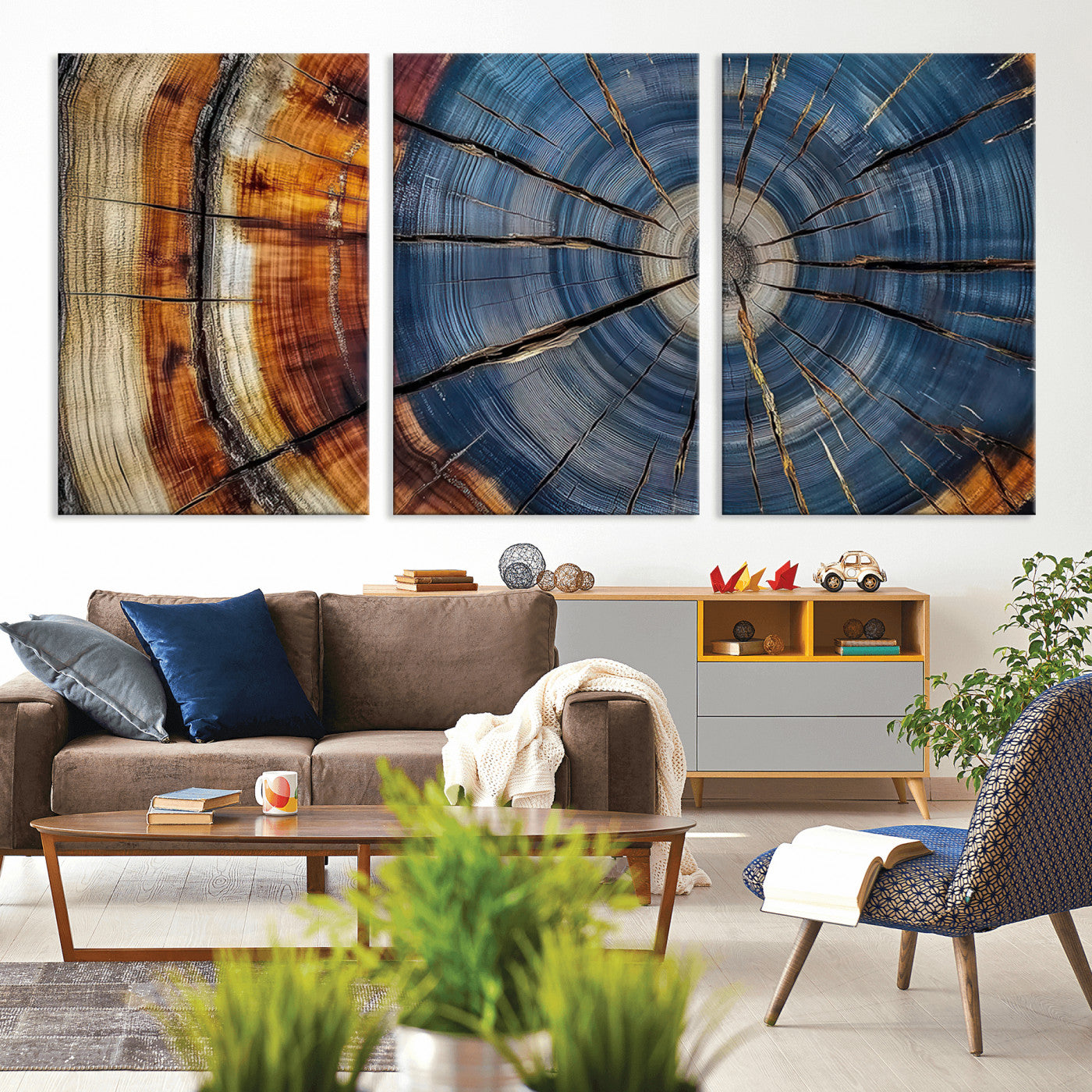 A stunning close-up view of a tree trunk, showcasing the intricate growth rings in a vibrant mix of warm browns, cool blues, and hints of natural texture.