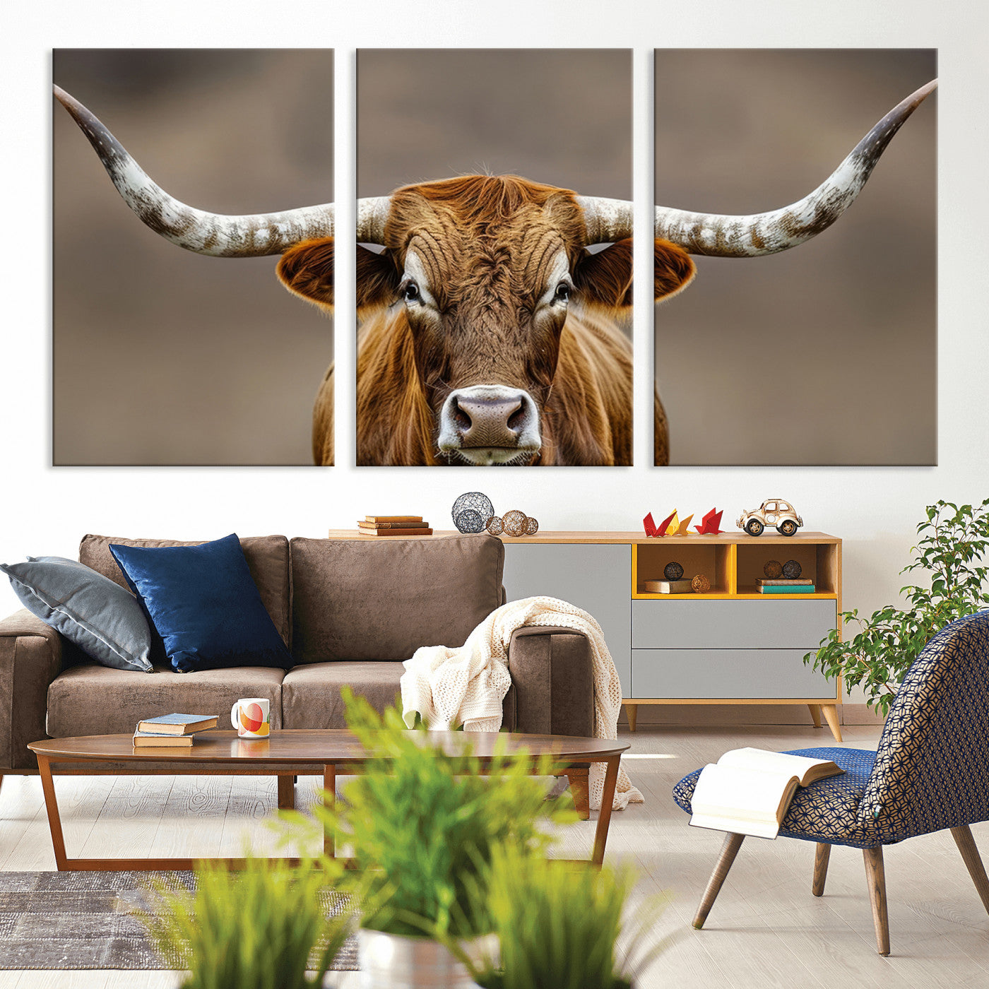 Close-up of a Texas Longhorn with strong curved horns and warm brown tones, perfect for rustic or western-style wall decor.