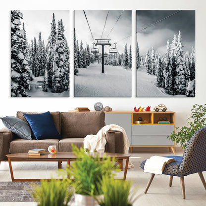 Canvas of a snowy ski lift scene through a forest of tall pine trees, ideal for moody winter or alpine-themed home decor.