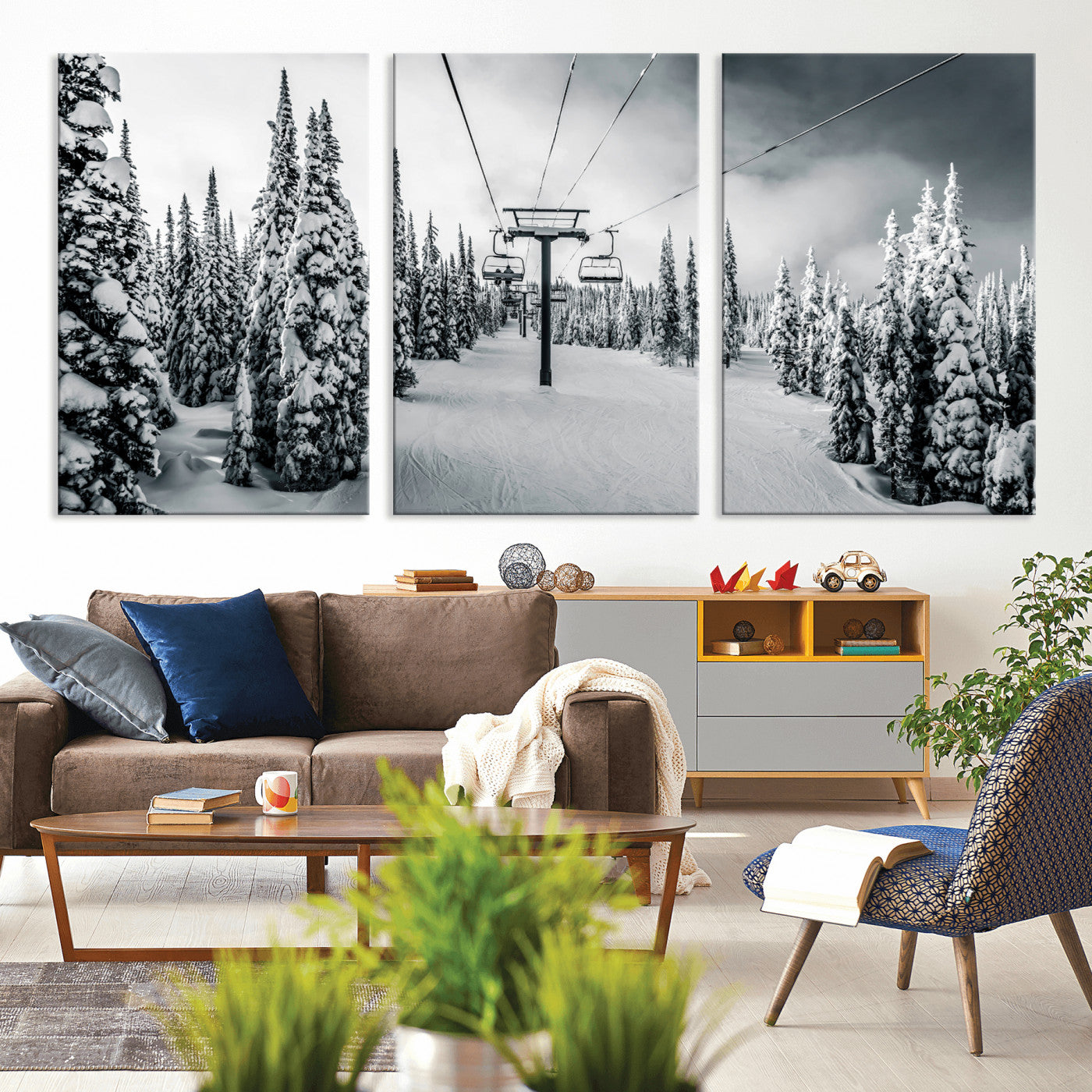 Canvas of a snowy ski lift scene through a forest of tall pine trees, ideal for moody winter or alpine-themed home decor.