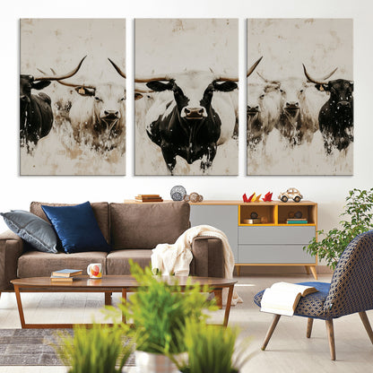 Illustrated herd of longhorn cattle in black and white tones with a neutral textured background, perfect for rustic or farmhouse-style decor.