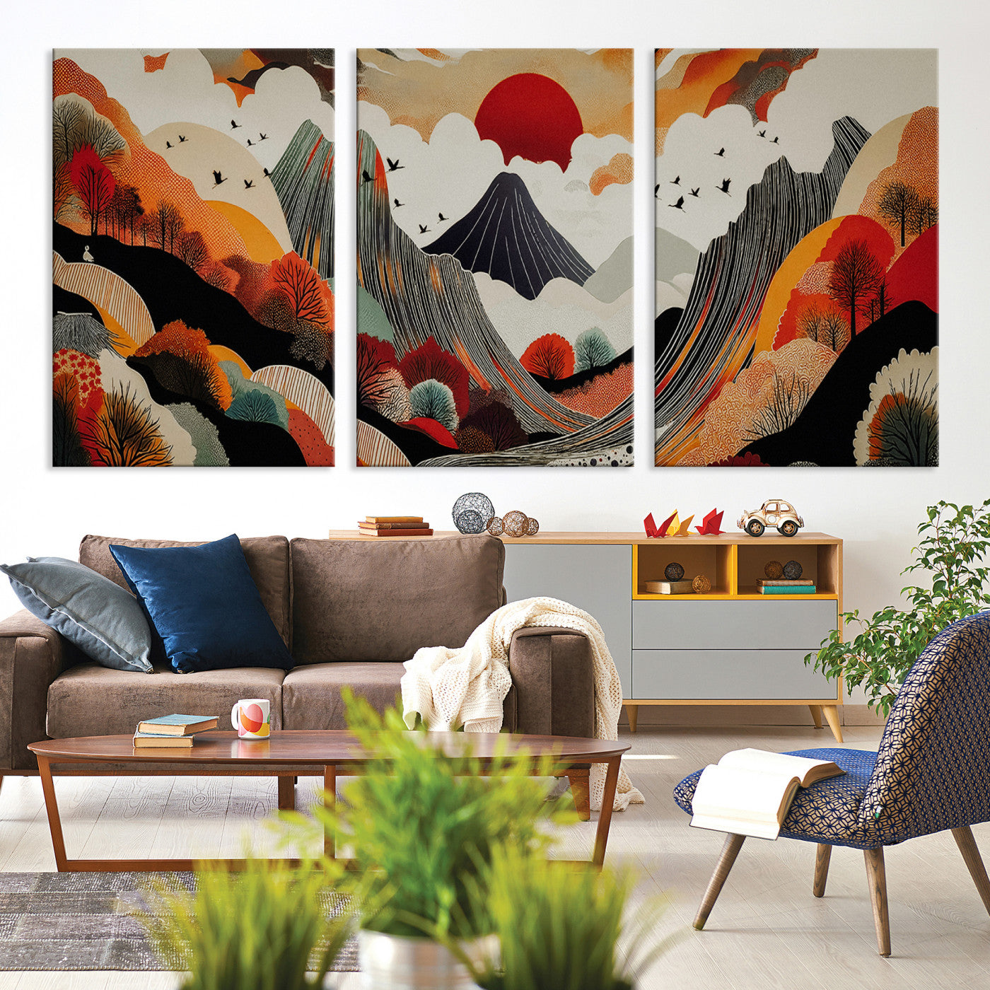 Abstract Mountain Wall Art Canvas Print, Vibrant Landscape Print, Framed Stylized Nature Drawing Art Print, Large Sunset Mountains Printing Perfect for Contemporary Minimalist Decor
