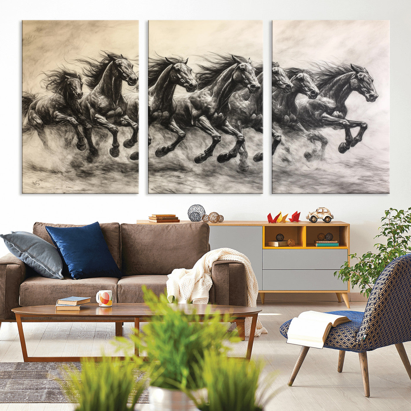 Monochrome drawing of a herd of galloping horses, perfect for dynamic and wild-themed decor in any equestrian or nature-inspired room.