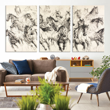 Monochrome ink sketch of galloping horses in dynamic motion, perfect for western or equine-themed wall decor with bold artistic energy.