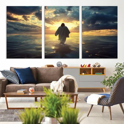 Spiritual artwork of Jesus walking on water at golden hour with divine light, ideal for Christian home decor or prayer room.