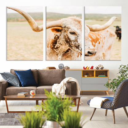 Close-up of a speckled Texas Longhorn in warm prairie tones, perfect for rustic western or countryside-themed room decor.