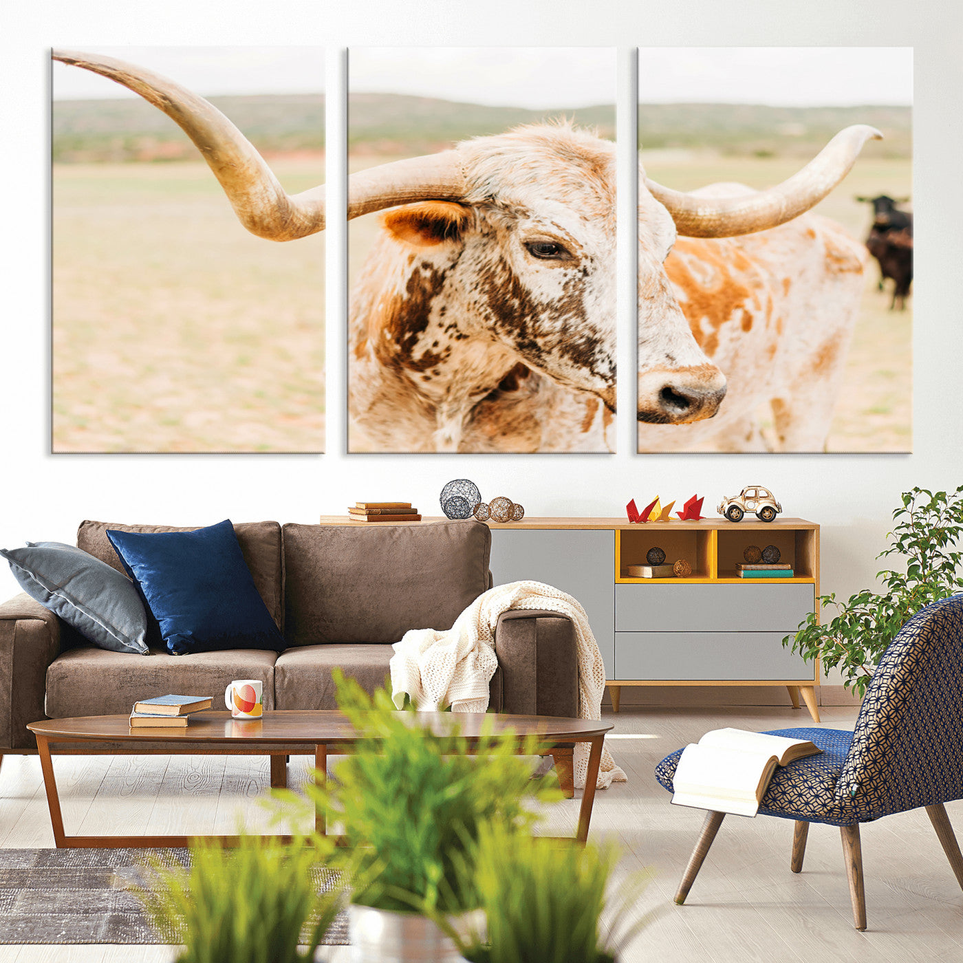 Close-up of a speckled Texas Longhorn in warm prairie tones, perfect for rustic western or countryside-themed room decor.