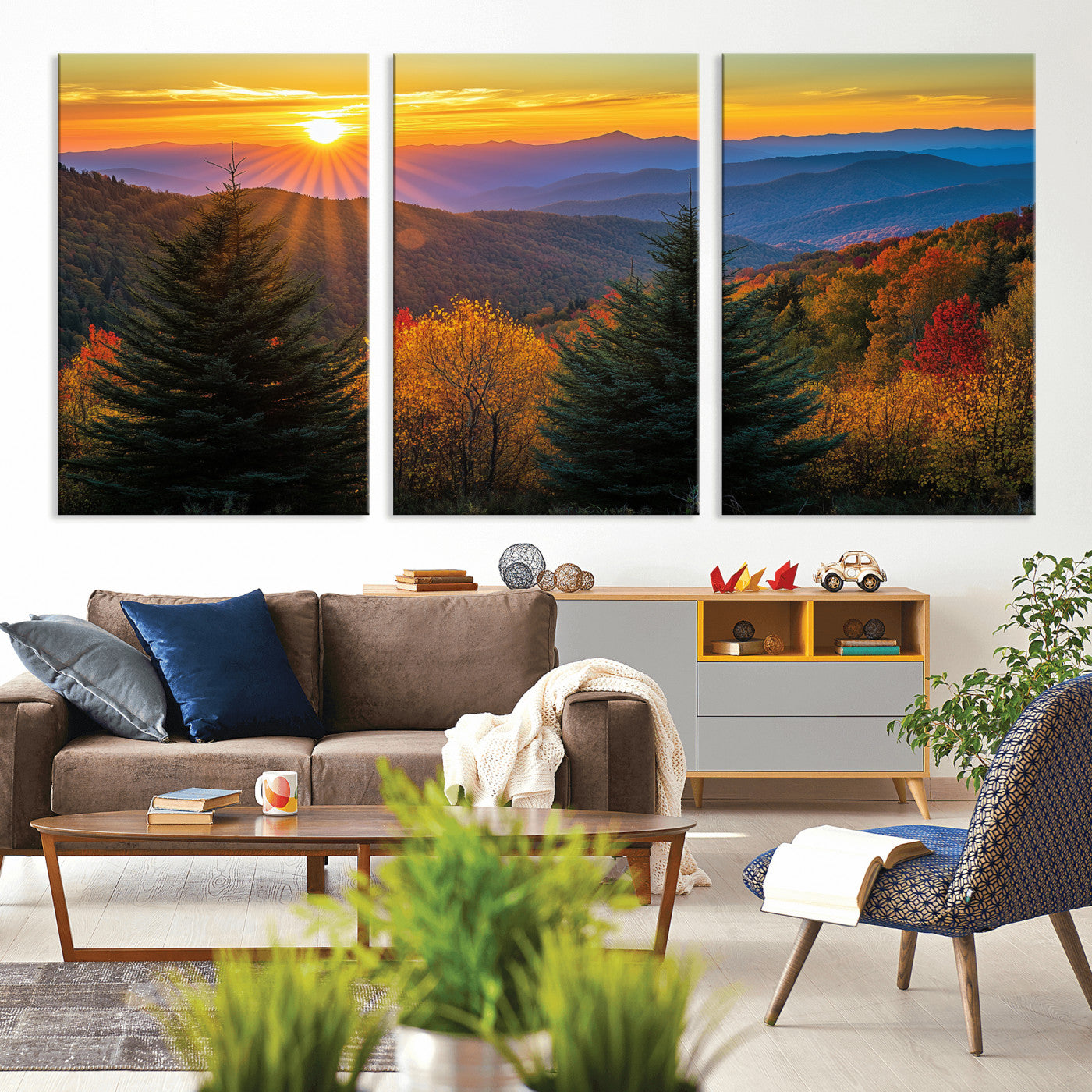 Vibrant sunset over autumn mountains with colorful trees and warm light, ideal for nature lovers or cabin-style wall decor.