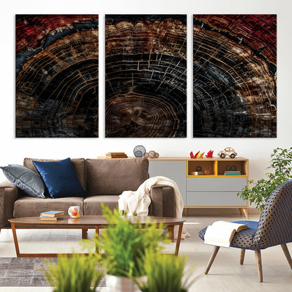 Dark Wood Wall Art Print - Petrified Tree Canvas Print, featuring an intricate tree ring pattern with deep earthy tones and organic textures, perfect for rustic and nature-inspired decor.