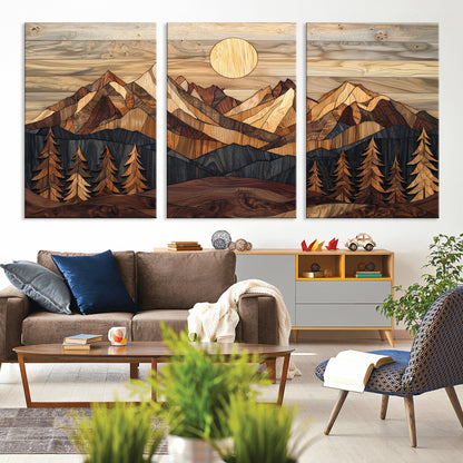 Mountain Landscape Wall Art Print - Sunset Hills Canvas Print, featuring an abstract nature scene with earthy tones and misty peaks, perfect for boho and modern decor.