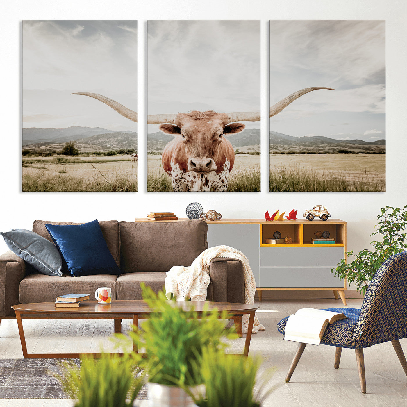 Longhorn Wall Art Print - Western Cow Canvas Print, featuring a majestic Texas longhorn in a rustic prairie setting, perfect for farmhouse and western decor.